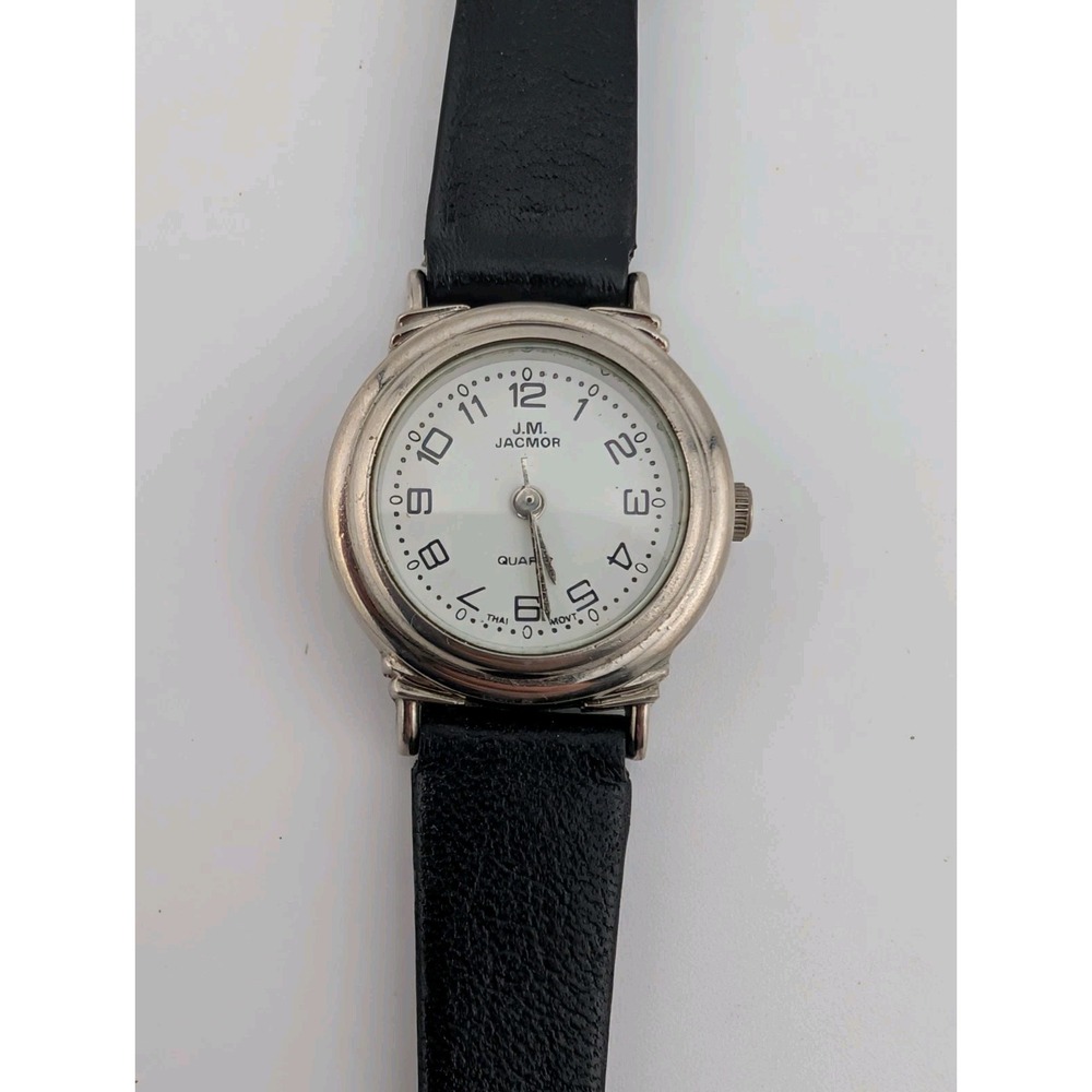 J.M.‎ Jacmor Watch Women 24mm Silver Case Black Leather Band- New Battery